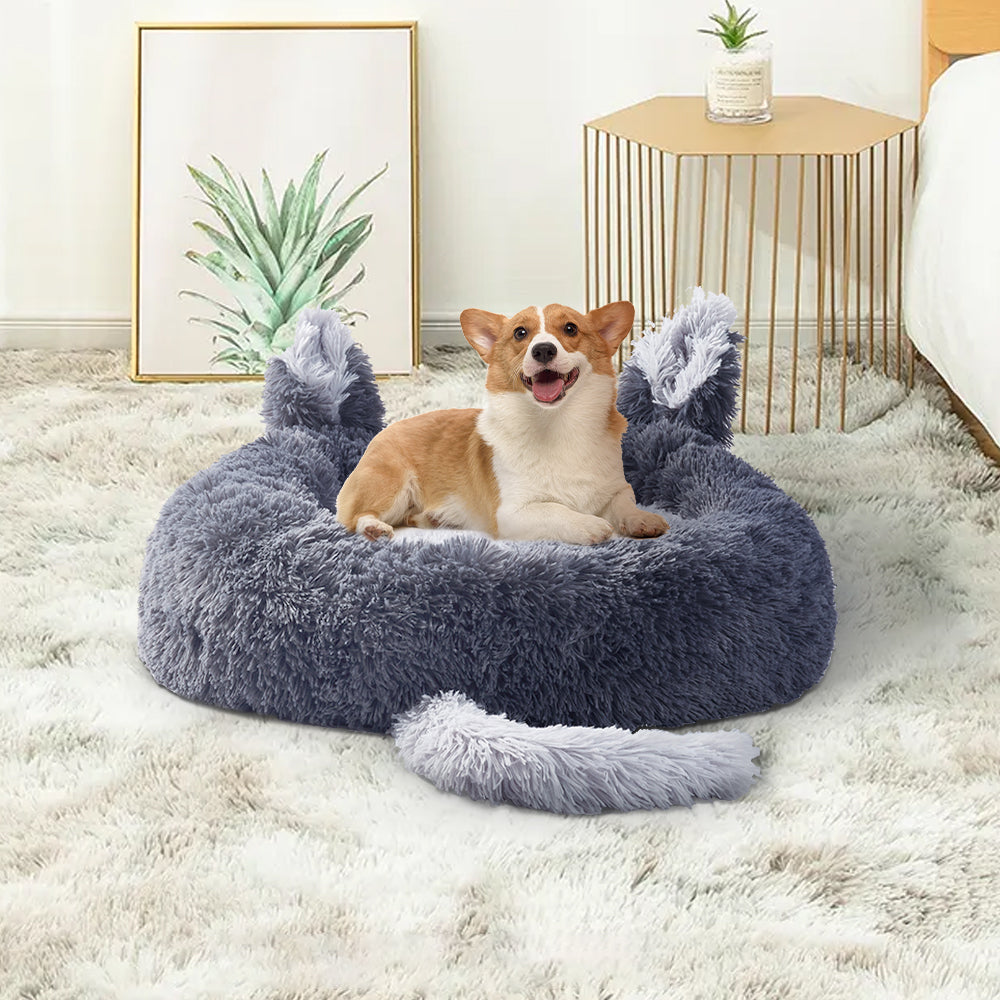Dark Grey 70cm Round Plush Pet Dog Cat Bed with Cute Ears