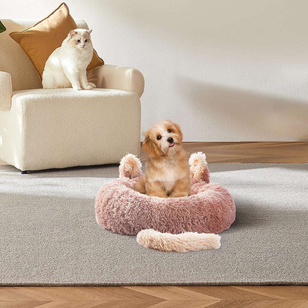 Light Brown 60cm Round Plush Pet Dog Cat Bed with Cute Ears