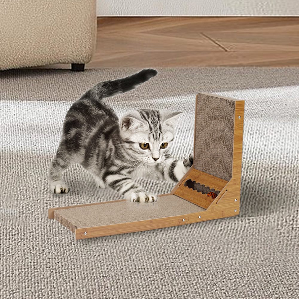 Brown L Shaped Corrugated Cat Scratching boards with Toy