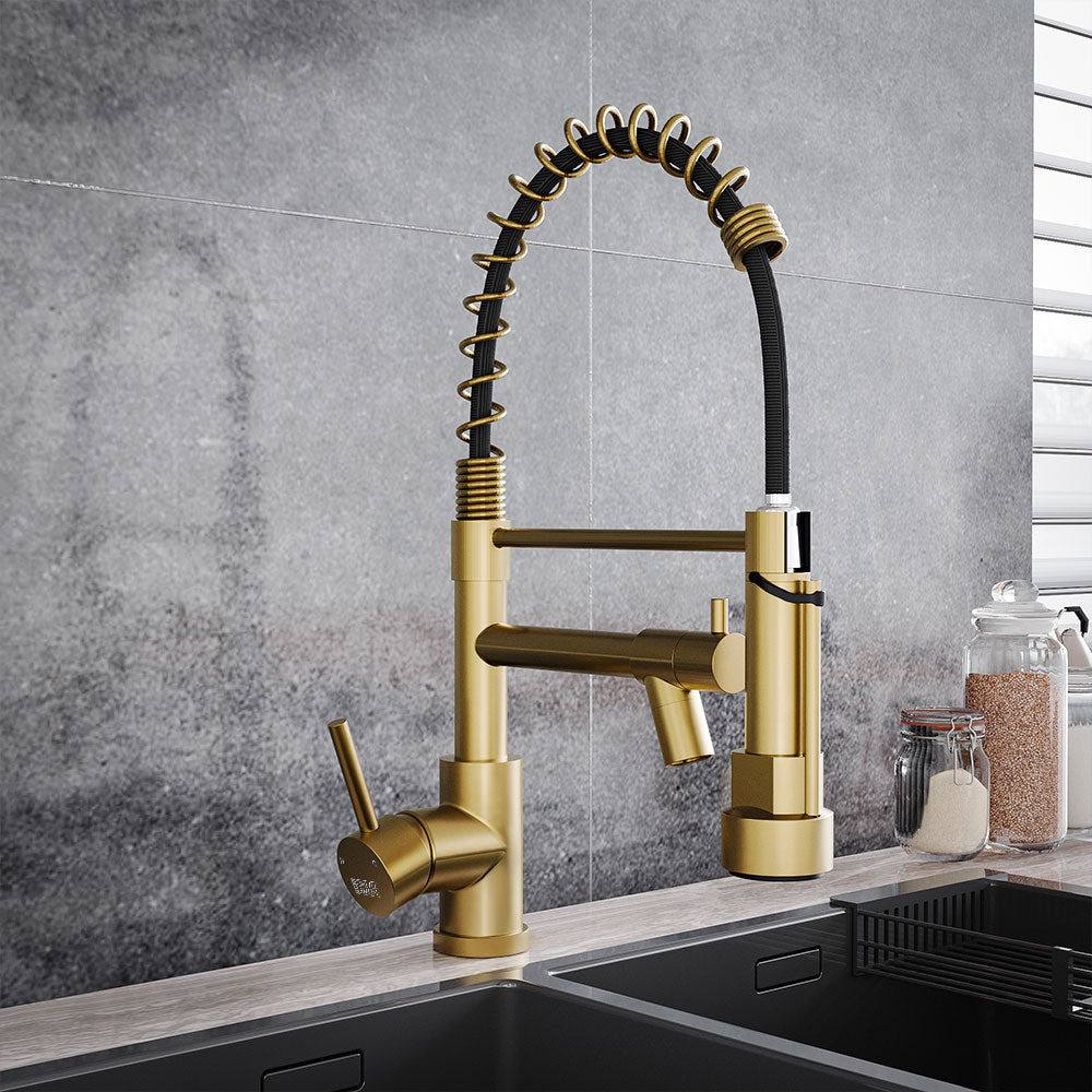 Brushed Gold Stainless Steel Kitchen Faucet with Pull Down Spring Spout