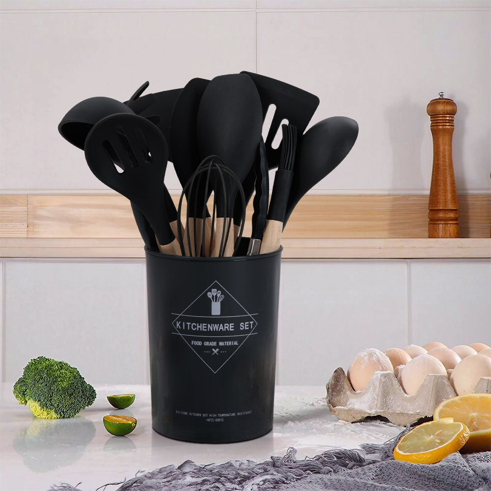 Black 11 Piece Silicone Kitchen Utensil Set for Nonstick Cookware