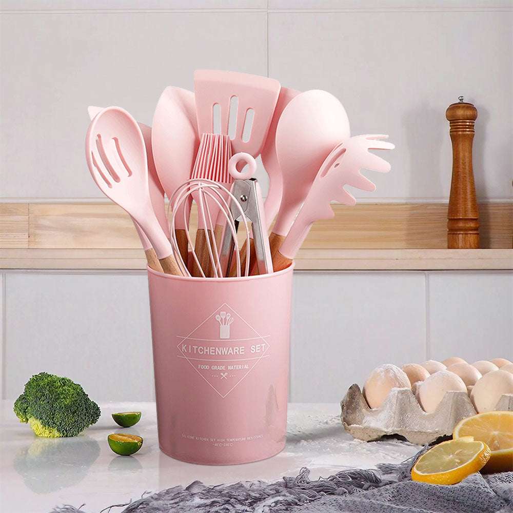 Pink 11 Piece Silicone Kitchen Utensil Set for Nonstick Cookware