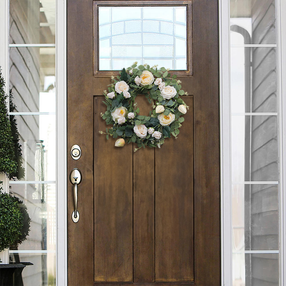 40cm Green Artificial Camellia Eucalyptus Wreath