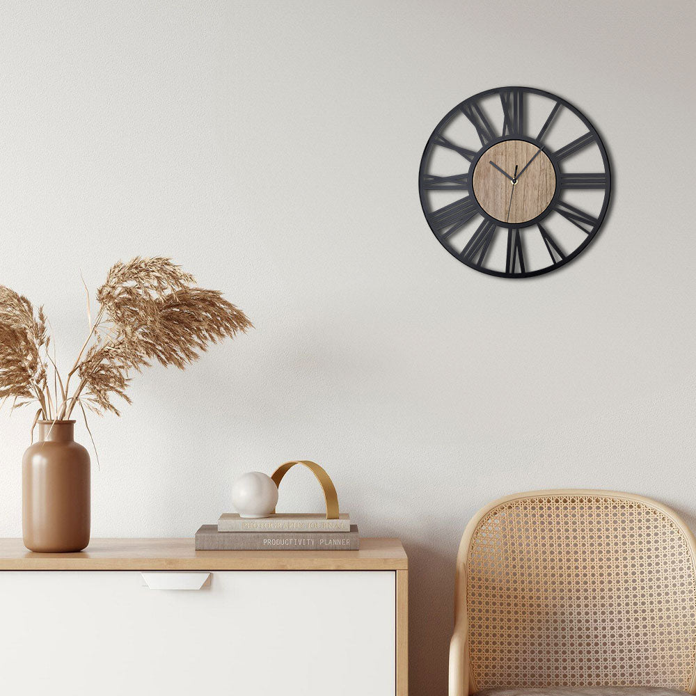 Metal Wood Decorative Wall Clock with Roman Numerals