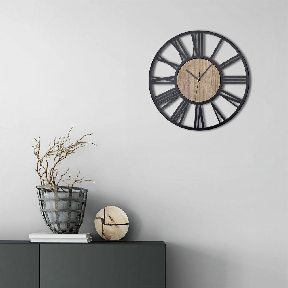Metal Wood Decorative Wall Clock with Roman Numerals