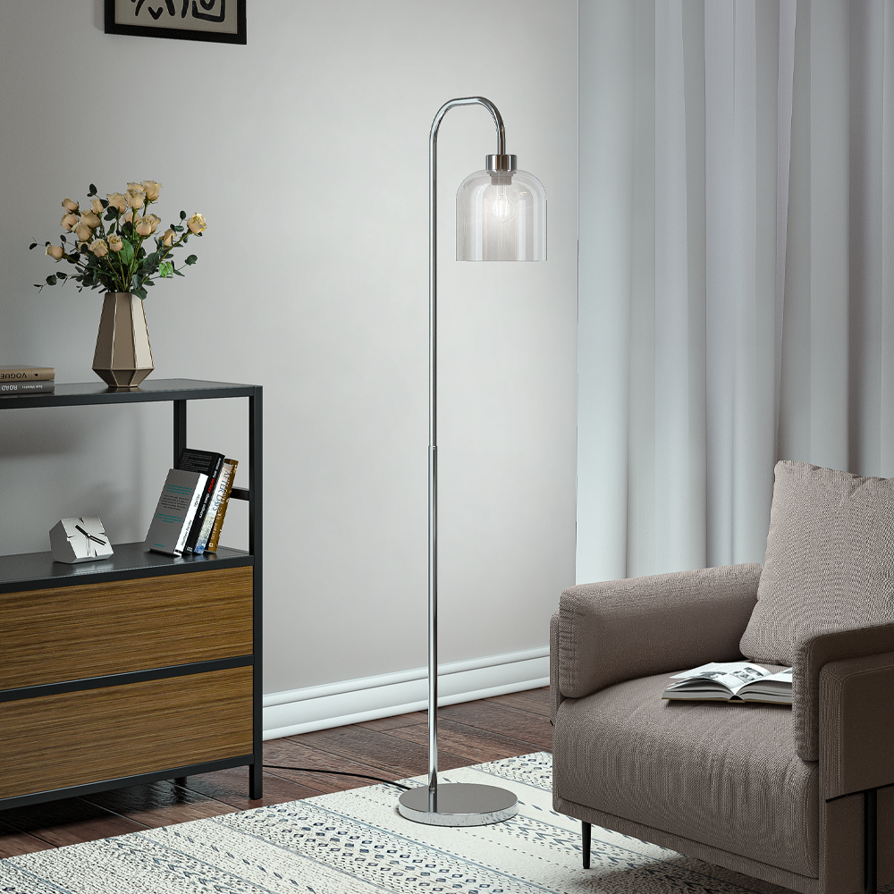 Modern Chrome Floor Lamp with Glass Shade for Living Room Bedroom