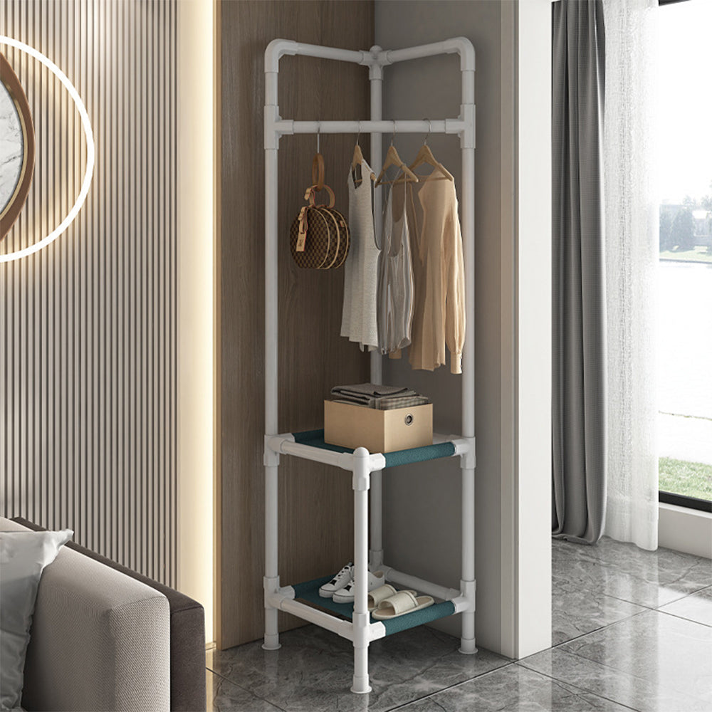 White Corner Clothing Rack with 2 Tier Shelves
