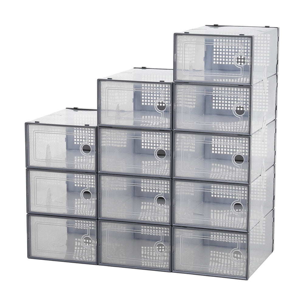 Grey 12 Stackable Shoe Storage Box Organiser