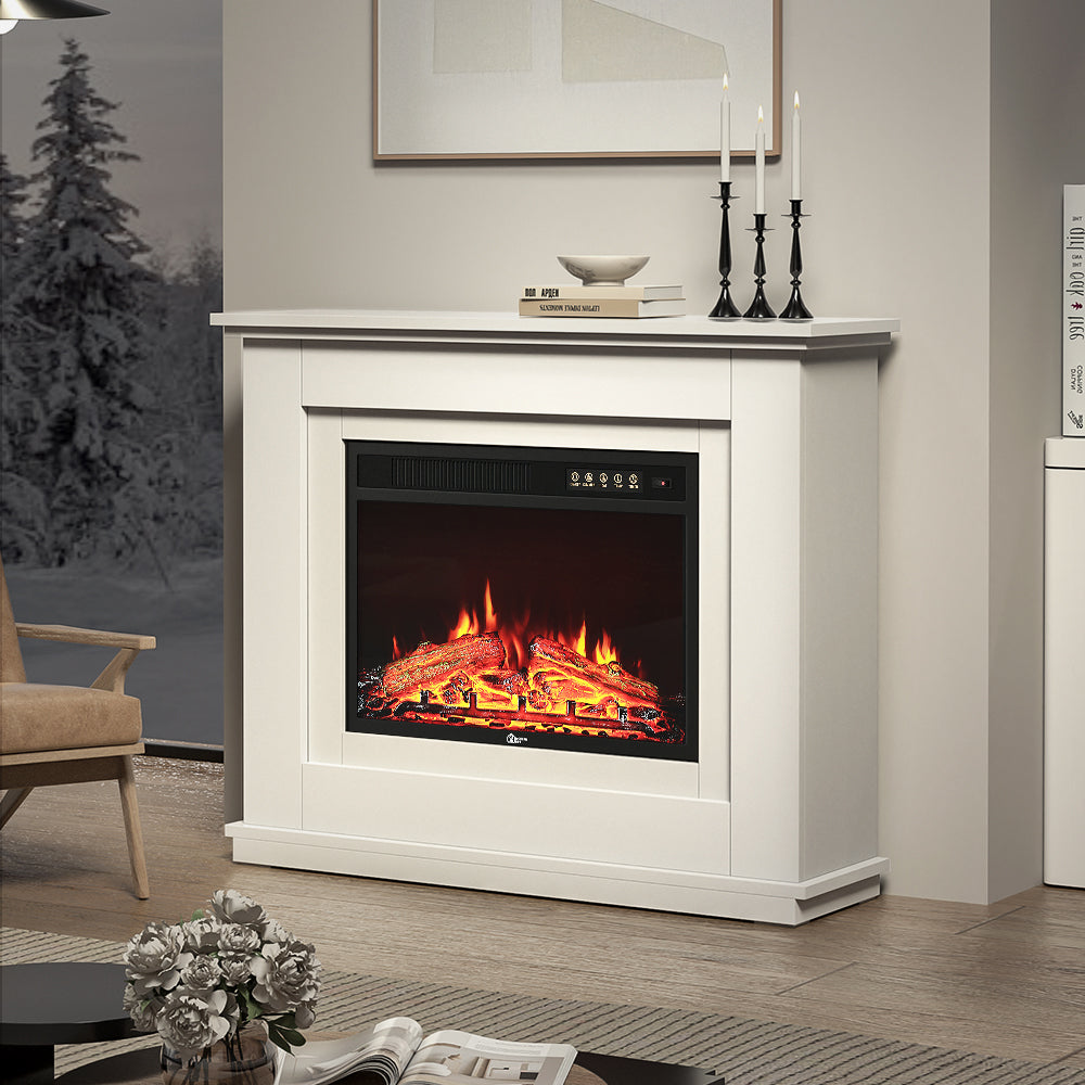 Electric Inset Fireplace Heater Fire Place White Wooden Mantel, 30inch
