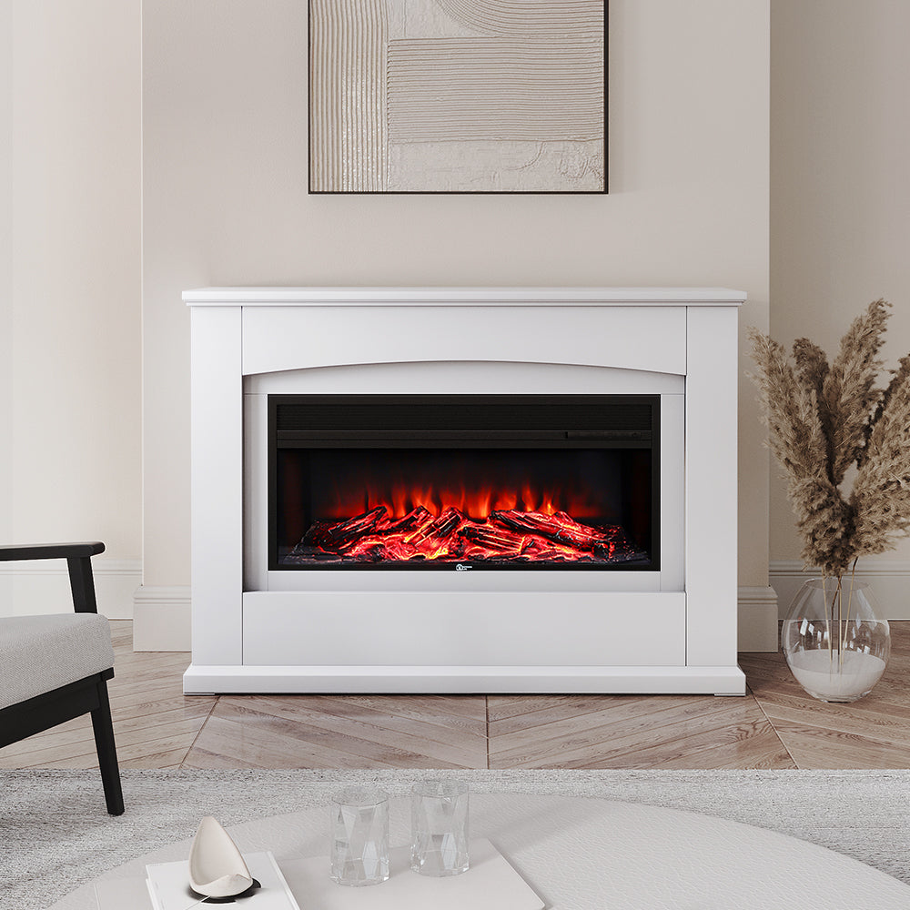 Electric Inset Fireplace Heater Fire Place White Wooden Mantel, 34inch