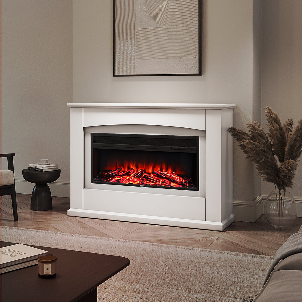 Electric Inset Fireplace Heater Fire Place White Wooden Mantel, 34inch