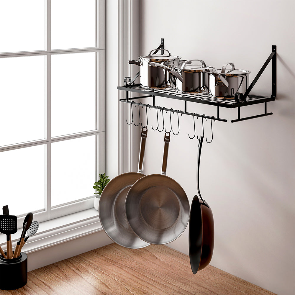 60CM Wall Mounted Kitchen Organiser Rack Hanging Pot Pan Shelf with Hooks