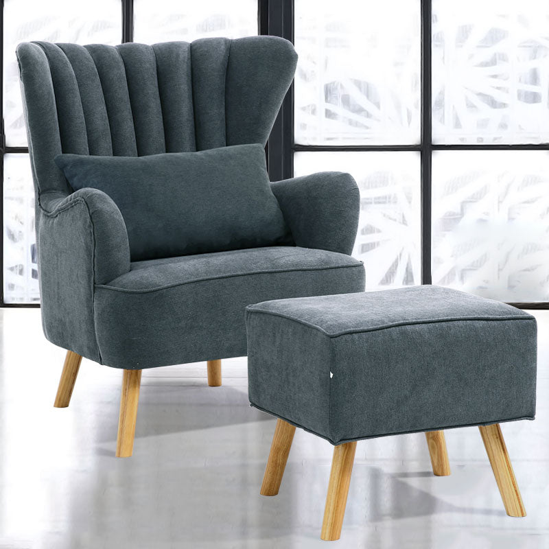 Suede Wingback Armchair with Footstool and Lumbar Pillow, Dark Grey