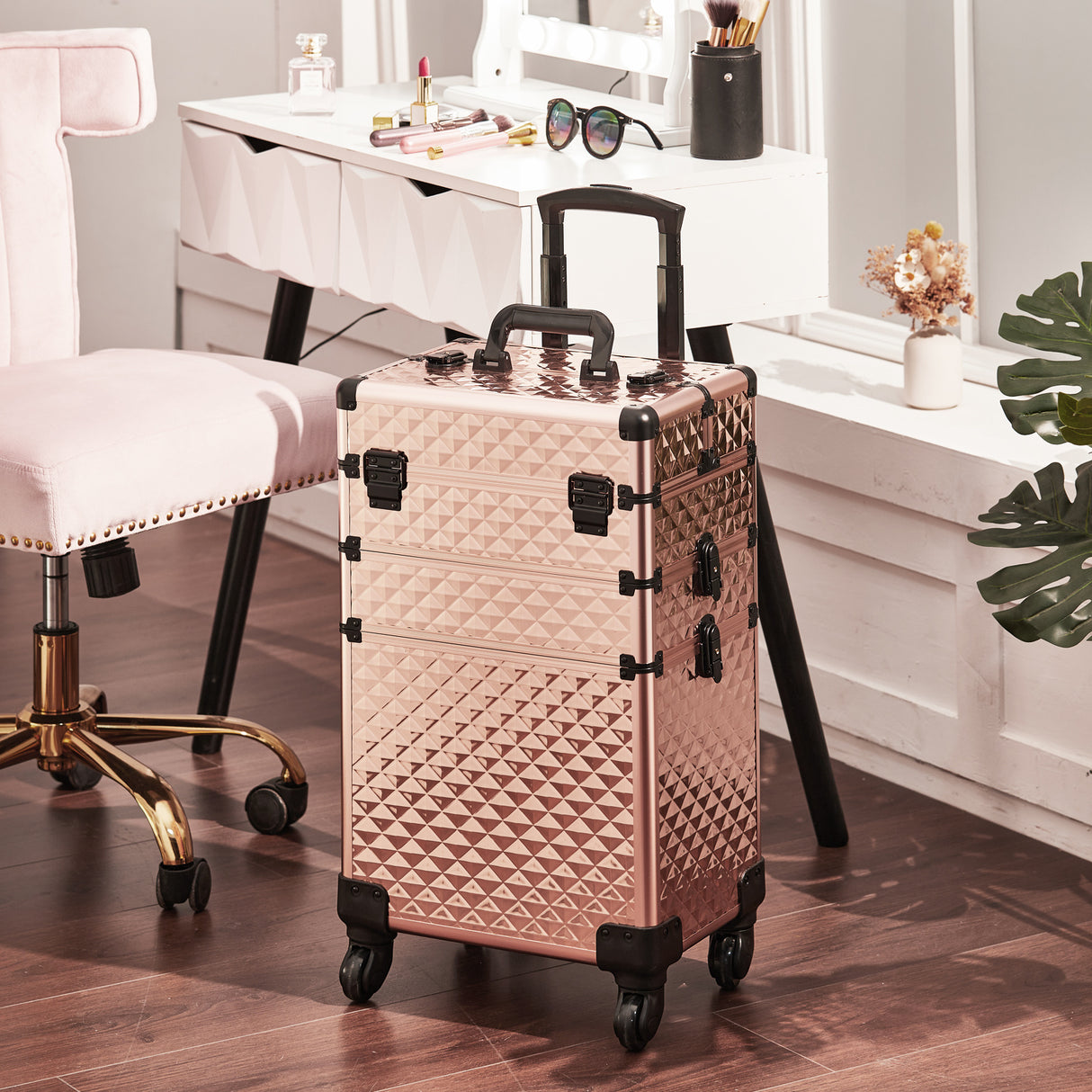 3in1 Cosmetic Train Case with Detachable Beauty Storage Box,Rose Gold