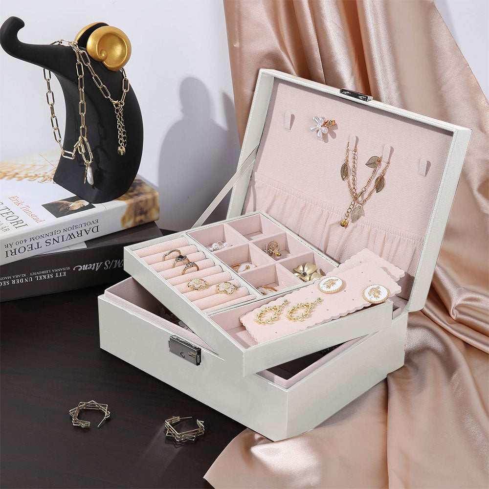 White 2 Tier PU Leather Jewelry Box with Lock