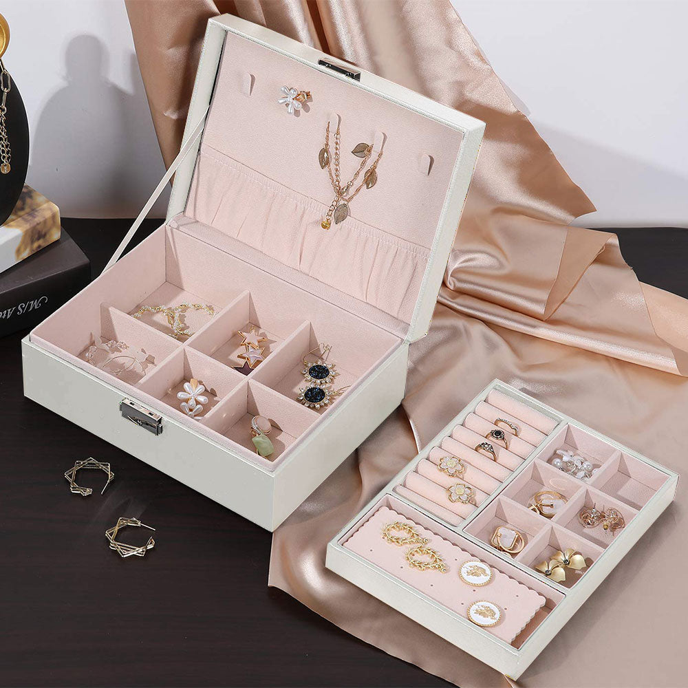 White 2 Tier PU Leather Jewelry Box with Lock