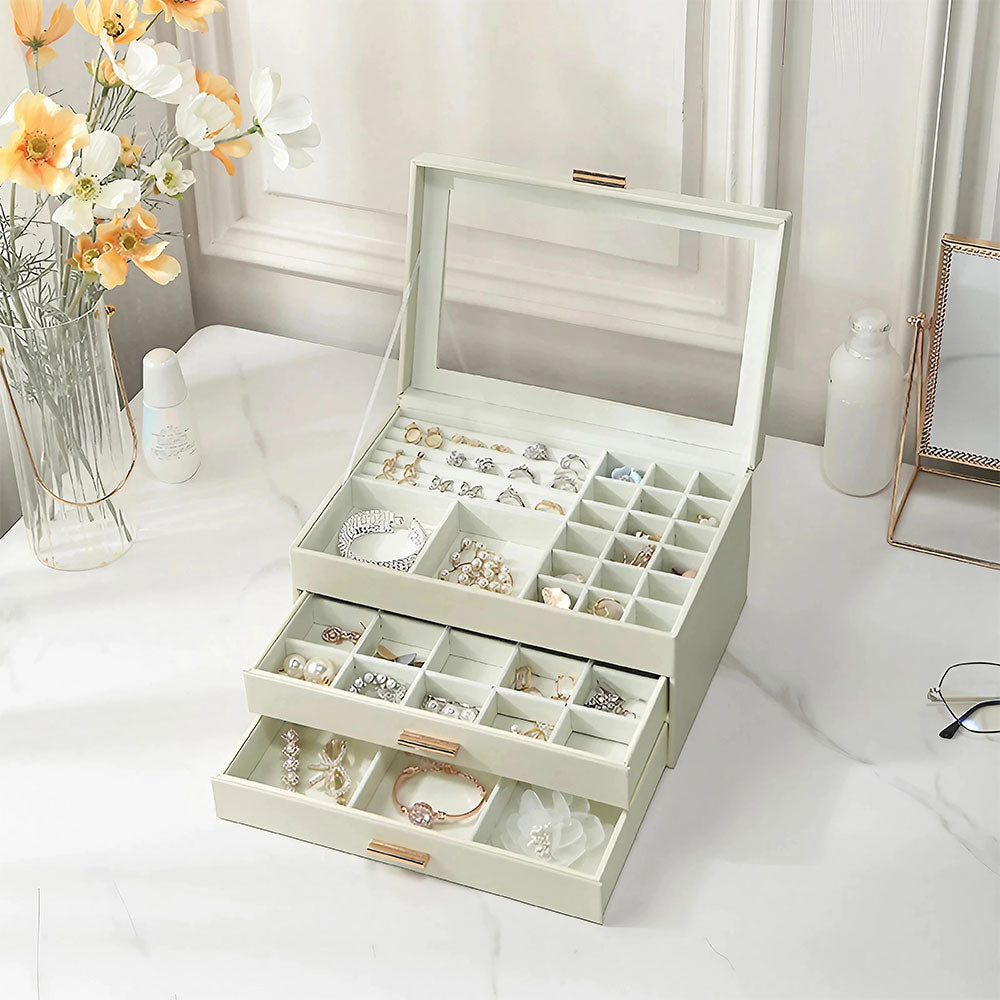 PU Leather 3 Tier Jewelry Box Organizer with Drawers
