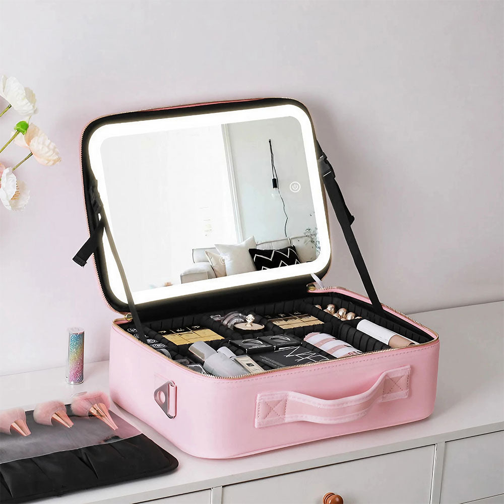 Pink Large Travel Makeup Bag with LED Mirror