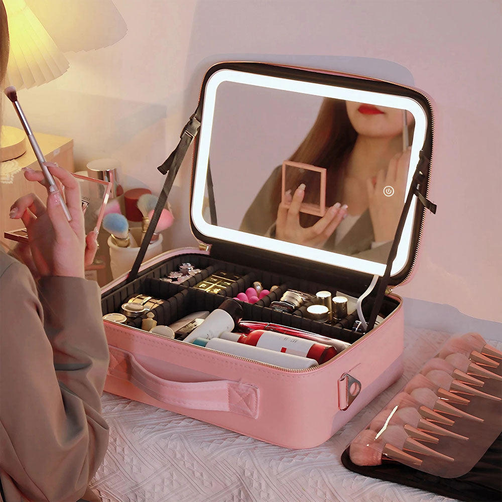 Pink Large Travel Makeup Bag with LED Mirror