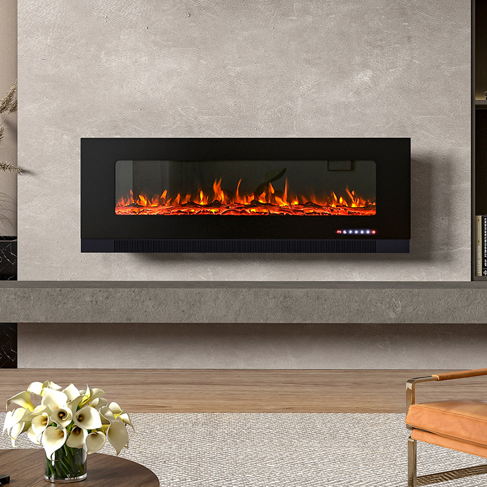 Black 50 Inch Wall Mounted LED Electric Fireplace with 9 Flame Colours