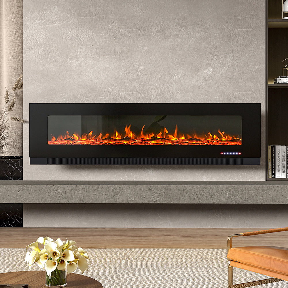 Black 72 Inch Wall Mounted LED Electric Fireplace with 9 Flame Colours