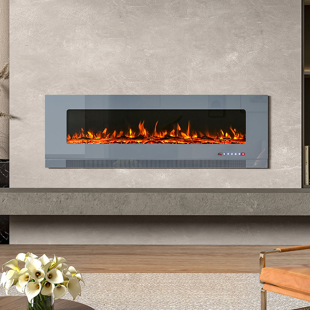 Grey 60 Inch Wall Mounted LED Electric Fireplace with 9 Flame Colours