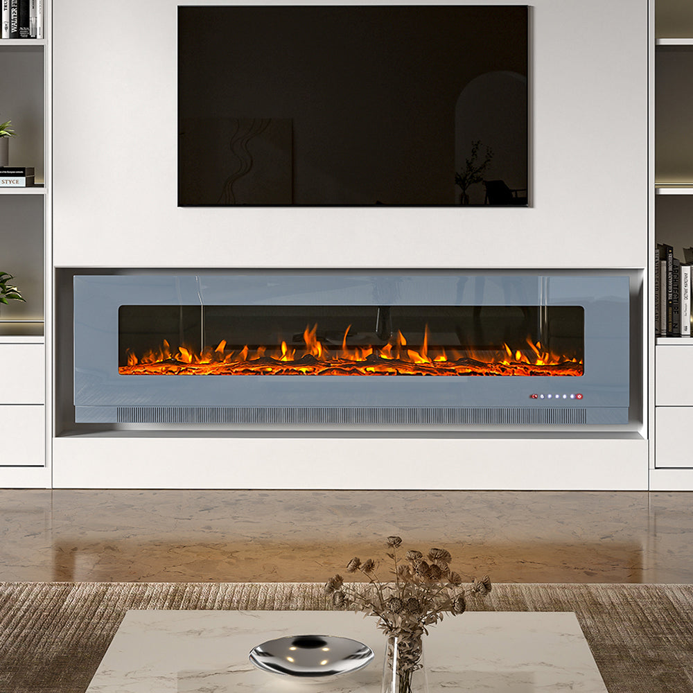 Grey 72 Inch Wall Mounted LED Electric Fireplace with 9 Flame Colours