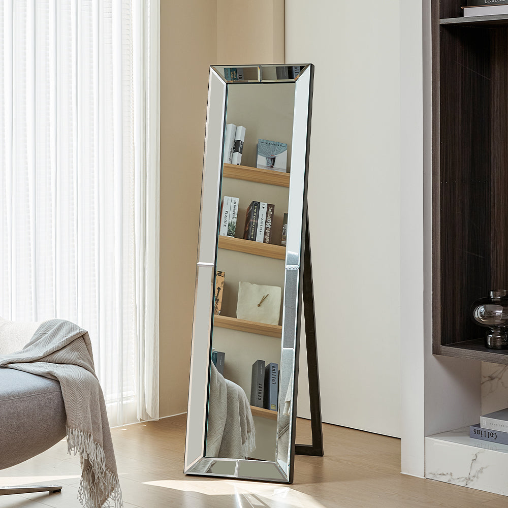 Modern Bedroom Chrome Beveled Full Floor Mirror