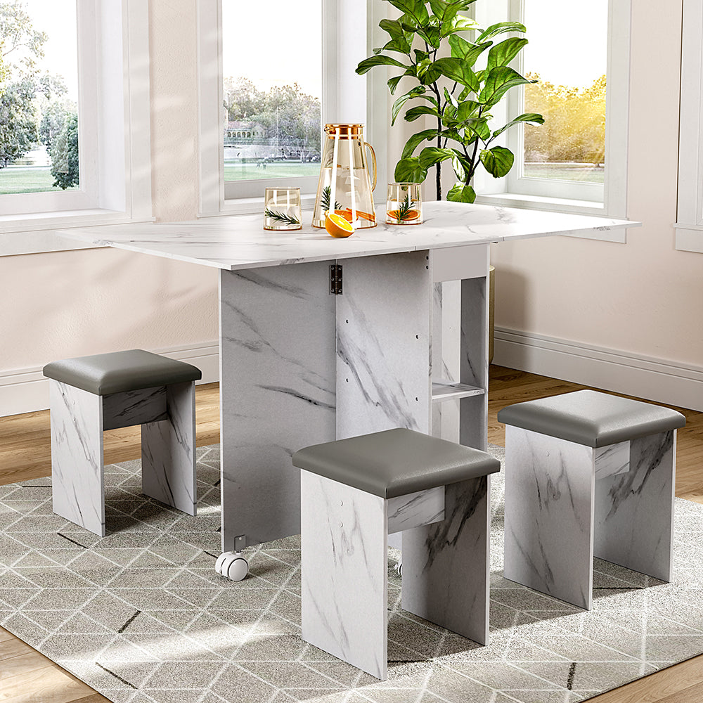 White Versatile Extendable Dining Table Set with Storage Shelves