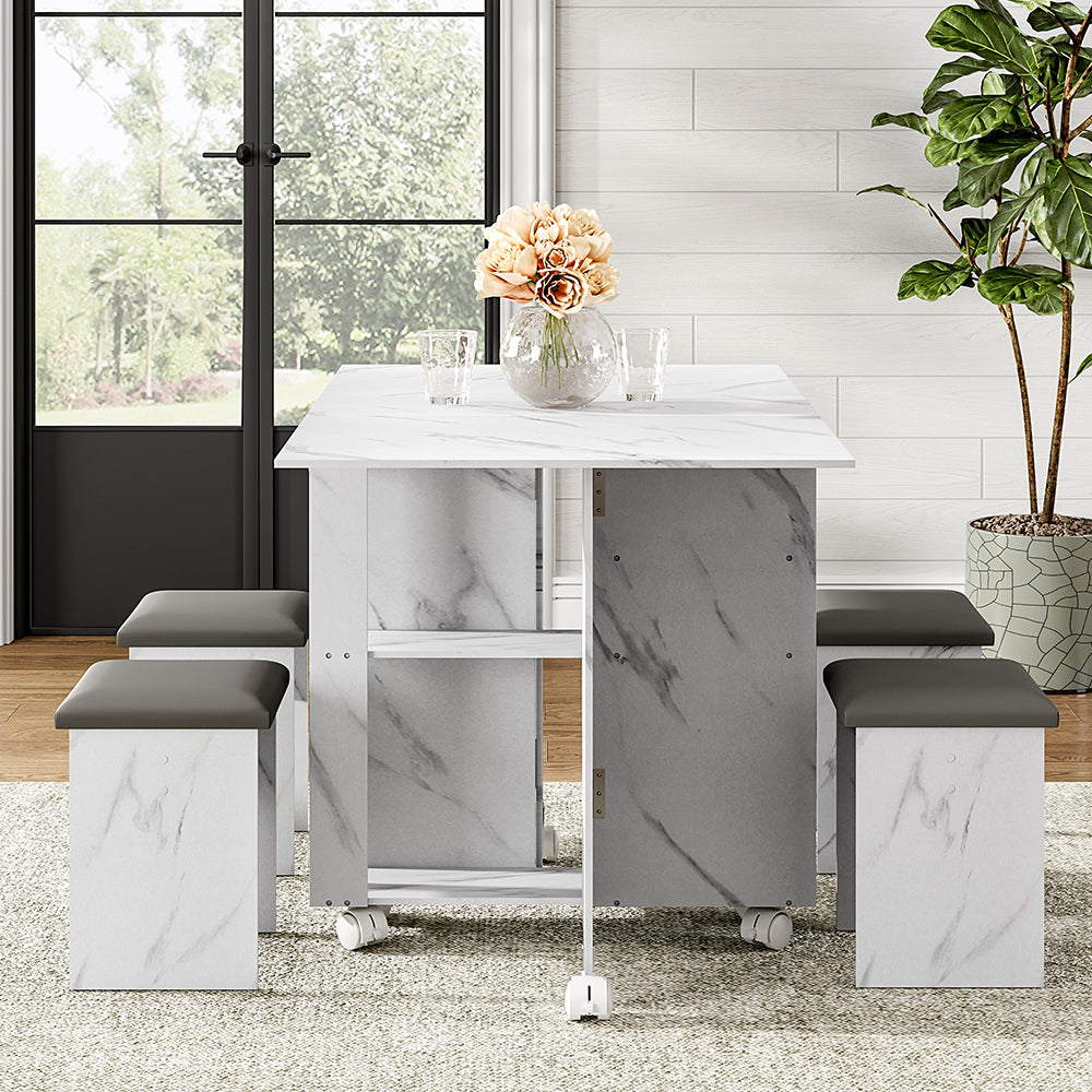 White Versatile Extendable Dining Table Set with Storage Shelves