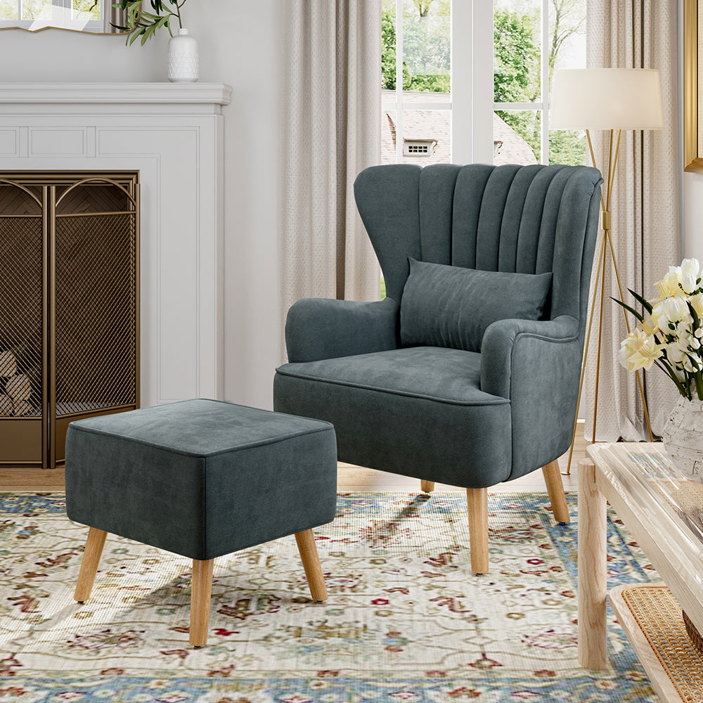 Suede Wingback Armchair with Footstool and Lumbar Pillow, Dark Grey