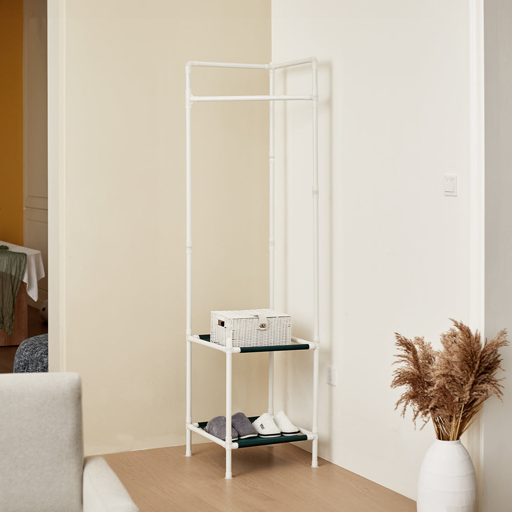 White Corner Clothing Rack with 2 Tier Shelves