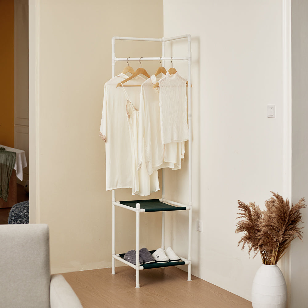 White Corner Clothing Rack with 2 Tier Shelves