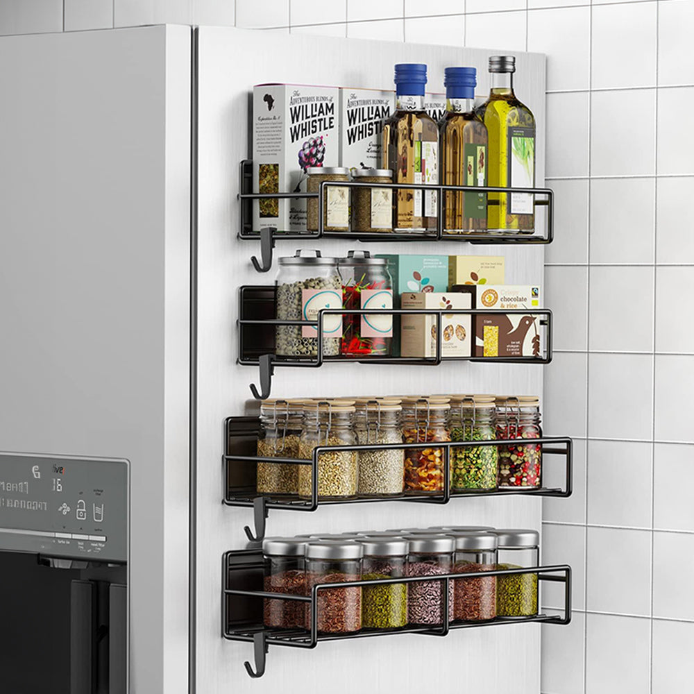 Black 4Pcs Magnetic Fridge Storage Shelf with Hooks