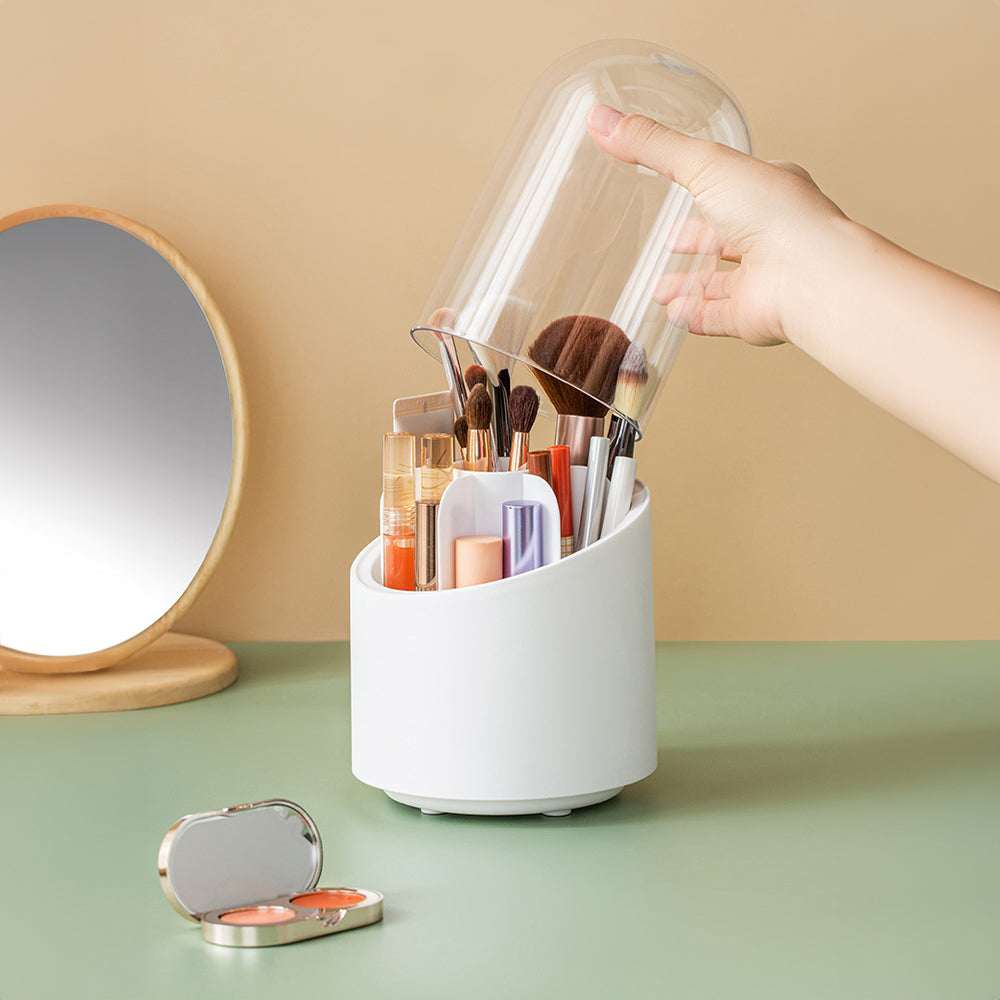 White Plastic Rotating Makeup Brush Cylinder Case