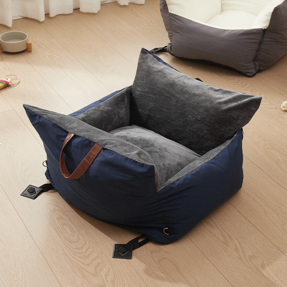 Plush Pet Car Seat Bed with Handle and Adjustable Strap, Blue
