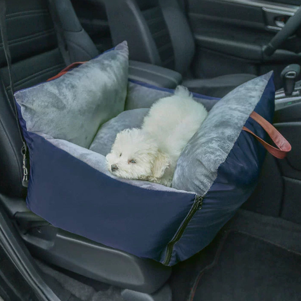 Plush Pet Car Seat Bed with Handle and Adjustable Strap, Blue