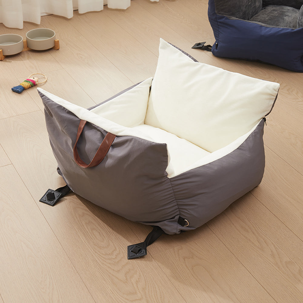 Plush Pet Car Seat Bed with Handle and Adjustable Strap, Grey