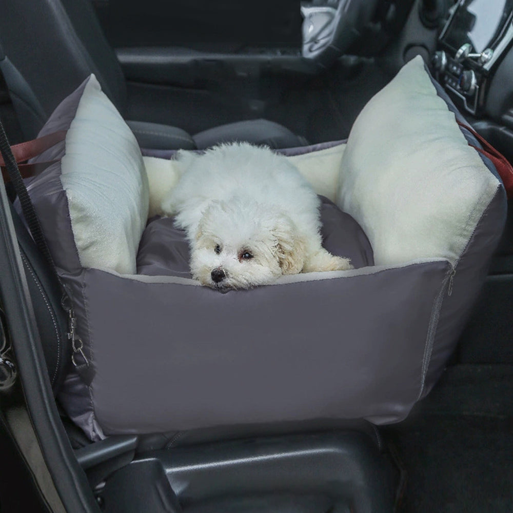 Plush Pet Car Seat Bed with Handle and Adjustable Strap, Grey