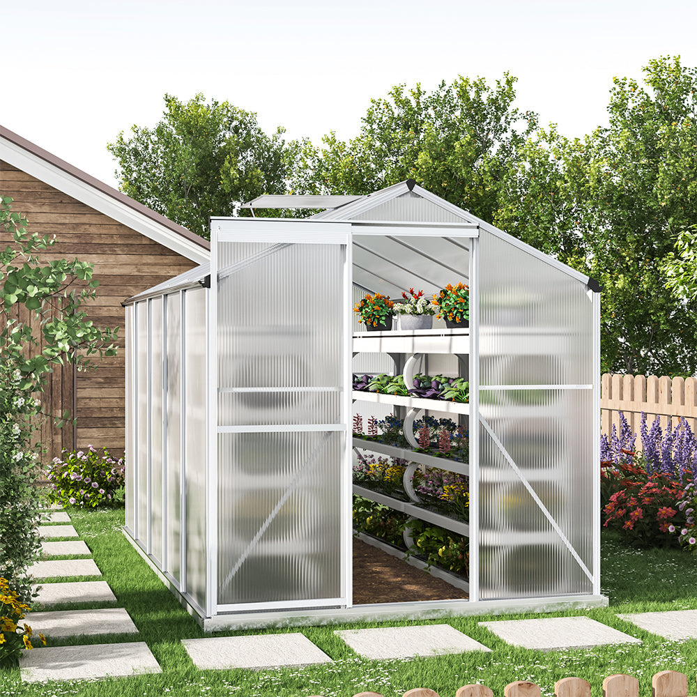 10ft x 6ft Greenhouse Polycarbonate Aluminium Greenhouse with Window, Sliding Door, and Foundation