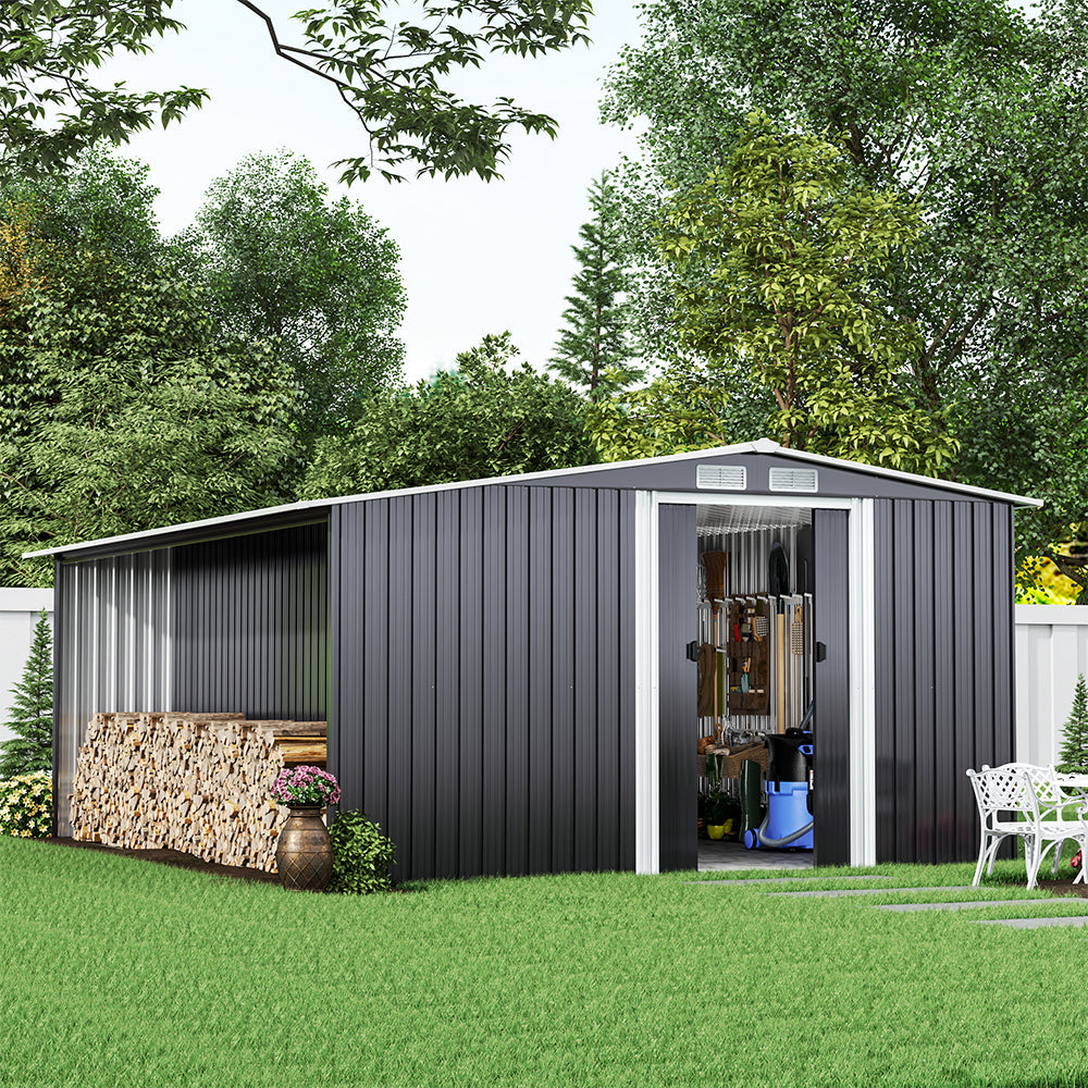 10ft x 8ft Metal Garden Tools Shed With Firewood Log Storage,Dark Grey