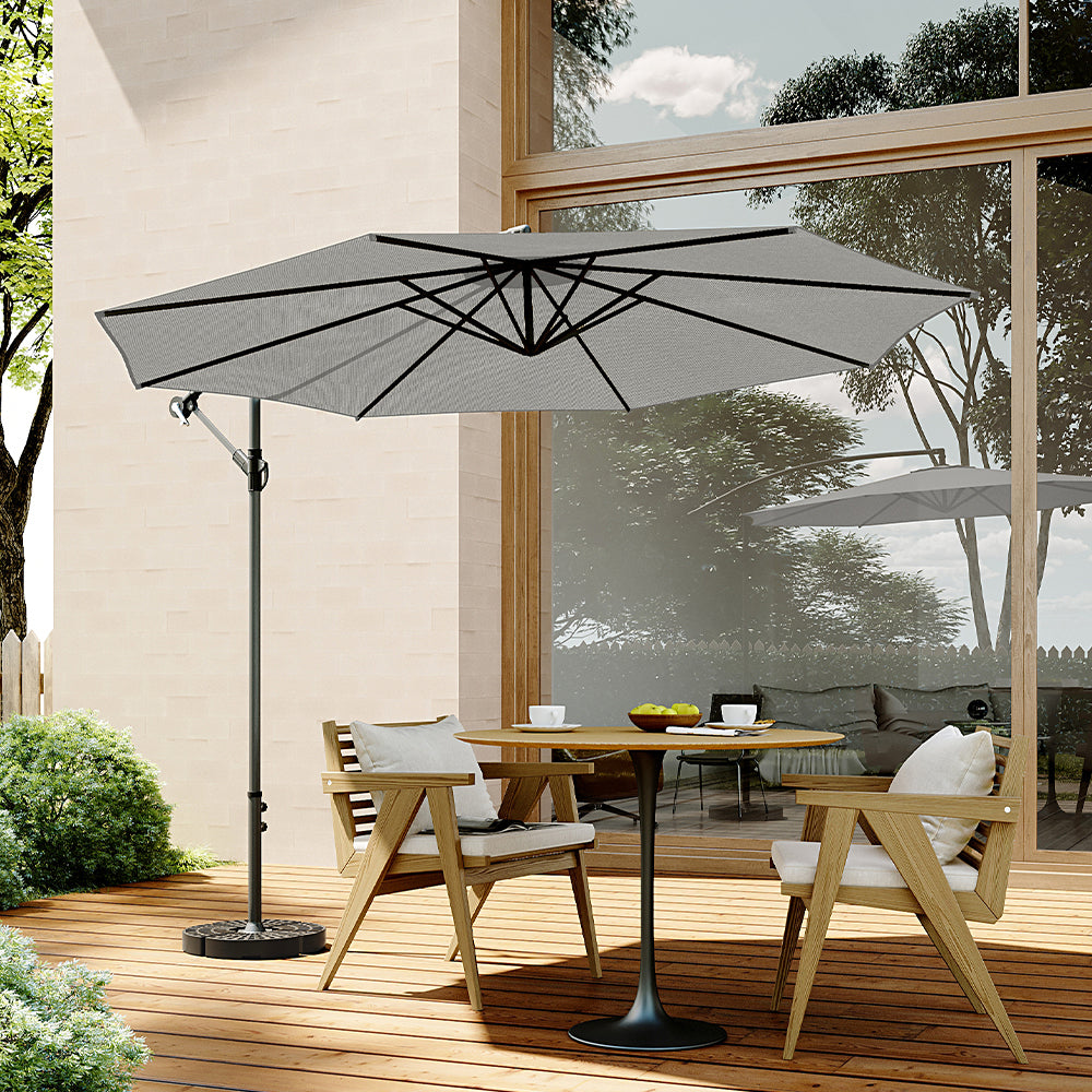 3M Banana Parasol Patio Umbrella Sun Shade Shelter with Fanshaped Base, Light Grey