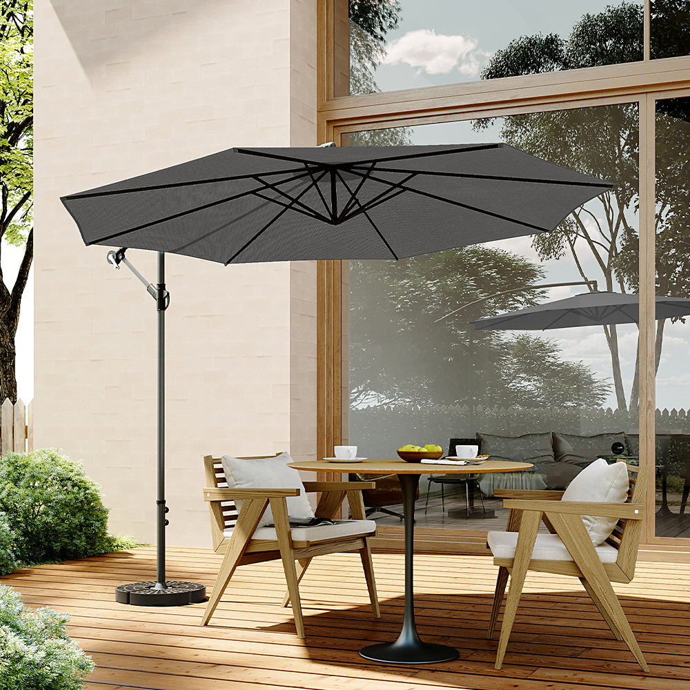 3M Banana Parasol Patio Umbrella Sun Shade Shelter with Fanshaped Base, Dark Grey