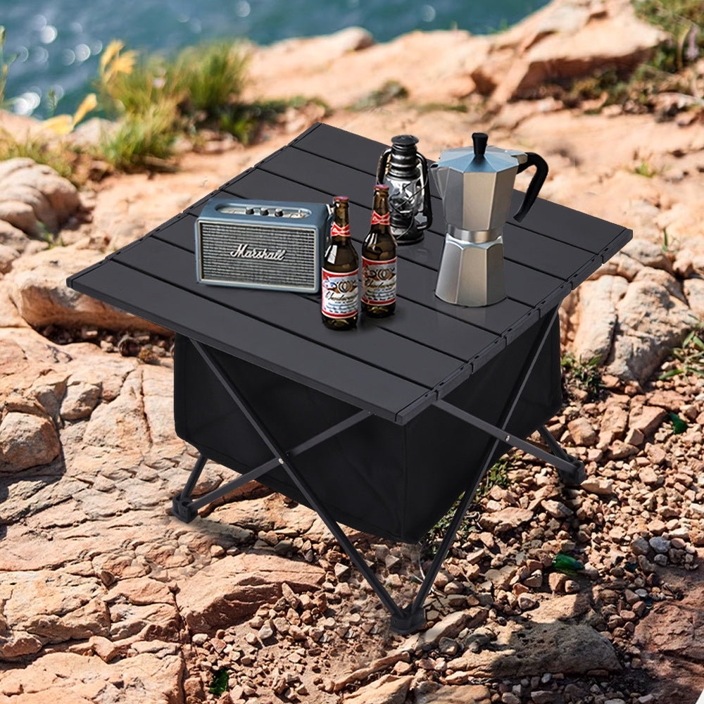 56x41CM Aluminum Portable Roll Top Camp Table with Storage Basket