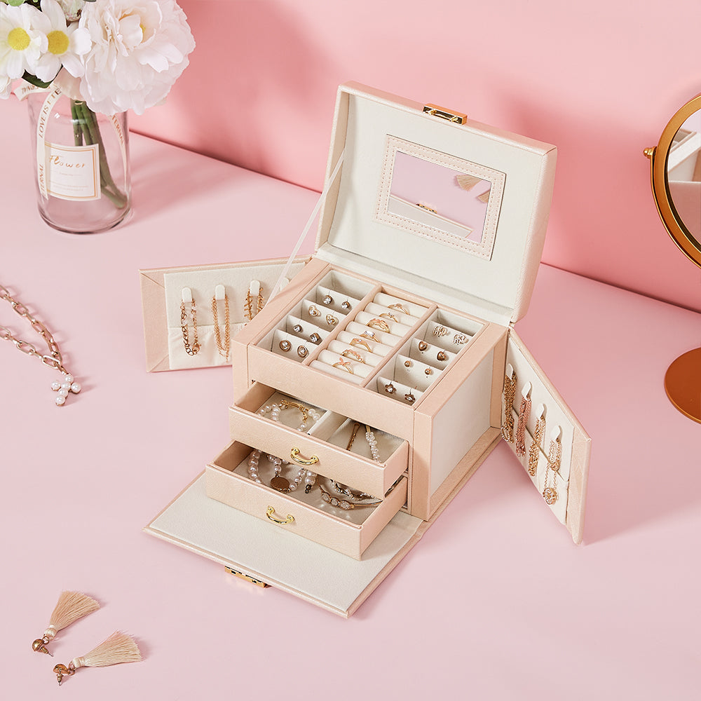 Pink Large Multi Tier Faux Leather Jewellery Storage Box