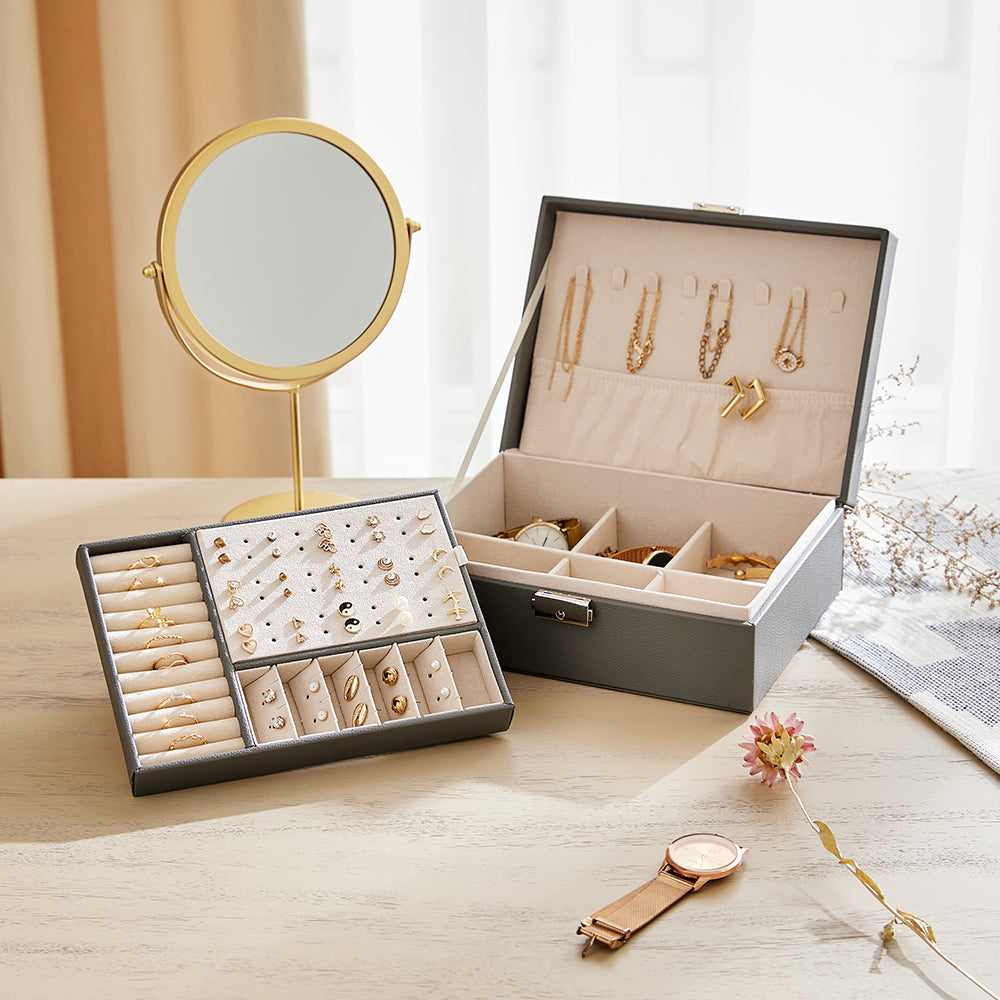 Lockable Double Tier Faux Leather Jewellery Organizer