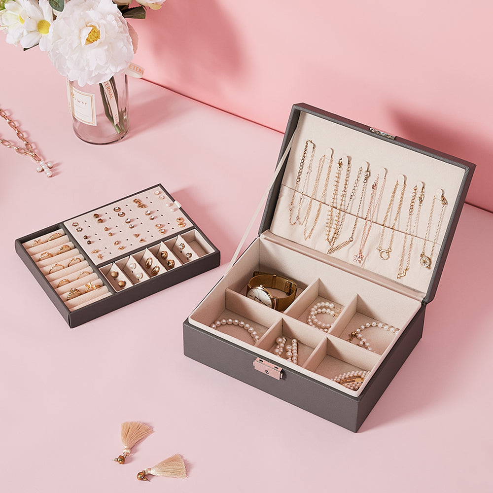 Lockable Double Tier Faux Leather Jewellery Organizer