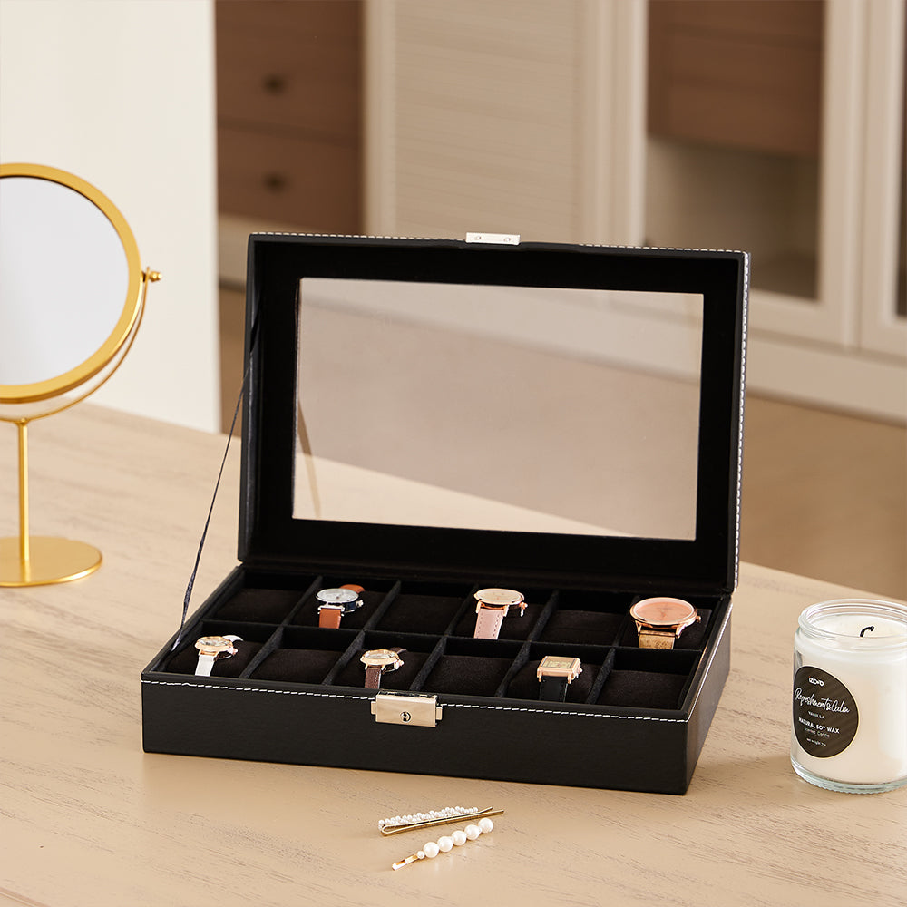 Black 12 Slot Synthetic Leather Watch Display Box