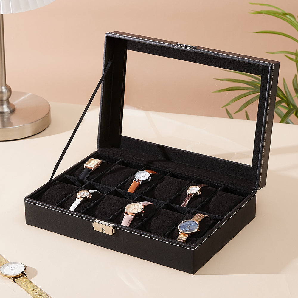 Black 12 Slot Synthetic Leather Watch Display Box