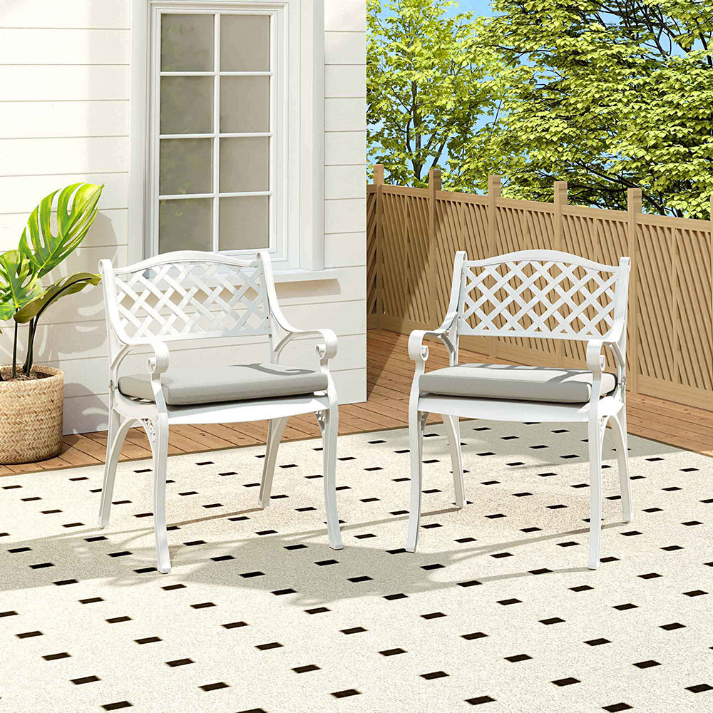 Outdoor 2PCS White Cast Aluminium Garden Dining Chairs With Cushion